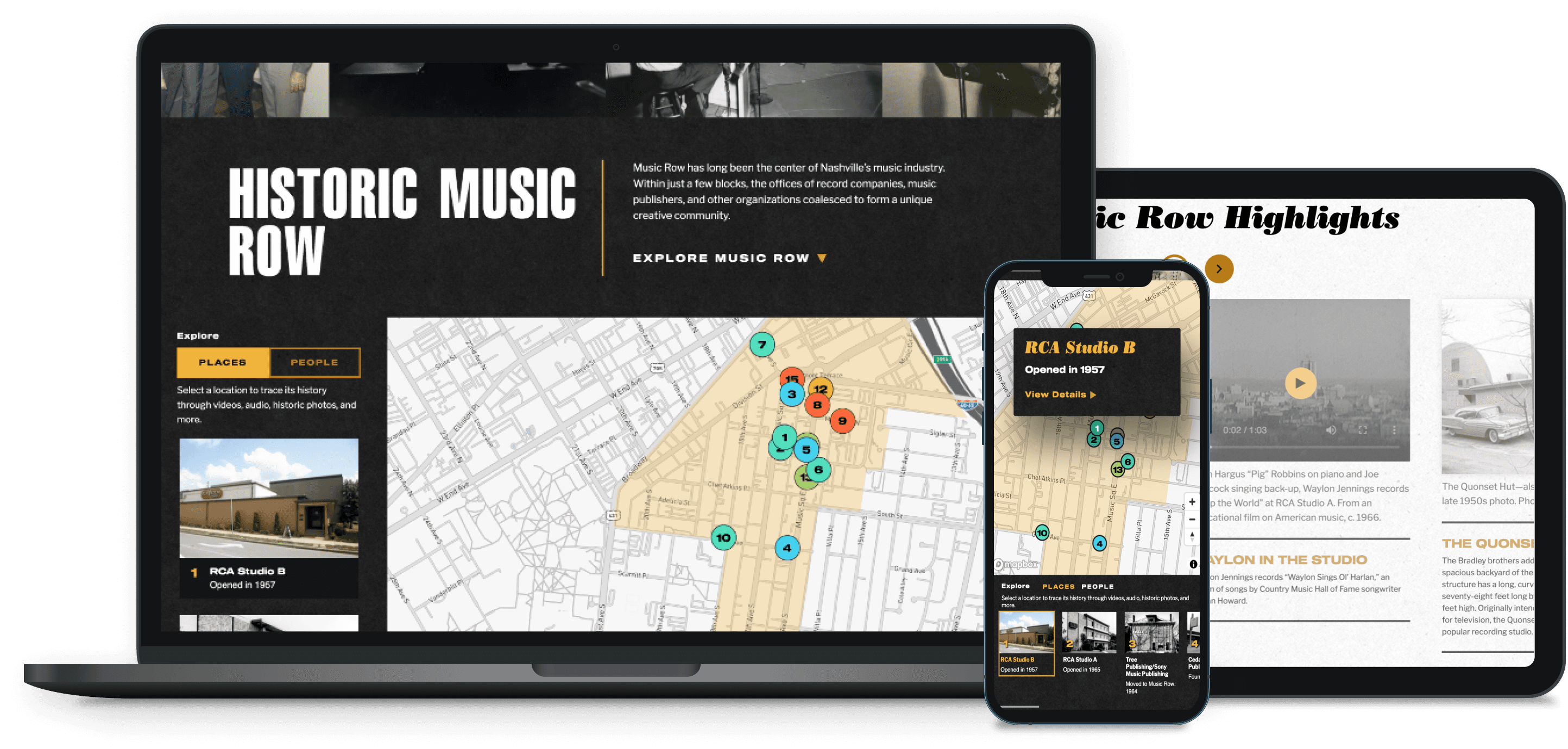Image of Music Row's Home Page on a laptop, tablet, and mobile devices.